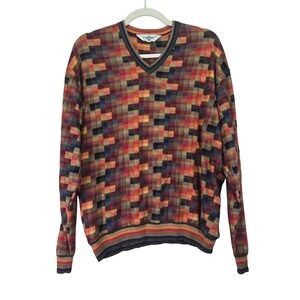 Dalmine Uomo V-Neck Mens Sweater XL‎ Made In Italy Grandpa Multicolor Checkered